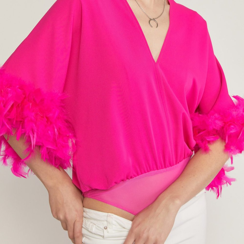 Hot Pink Feather Sleeve Bodysuit - Picture 6 of 7
